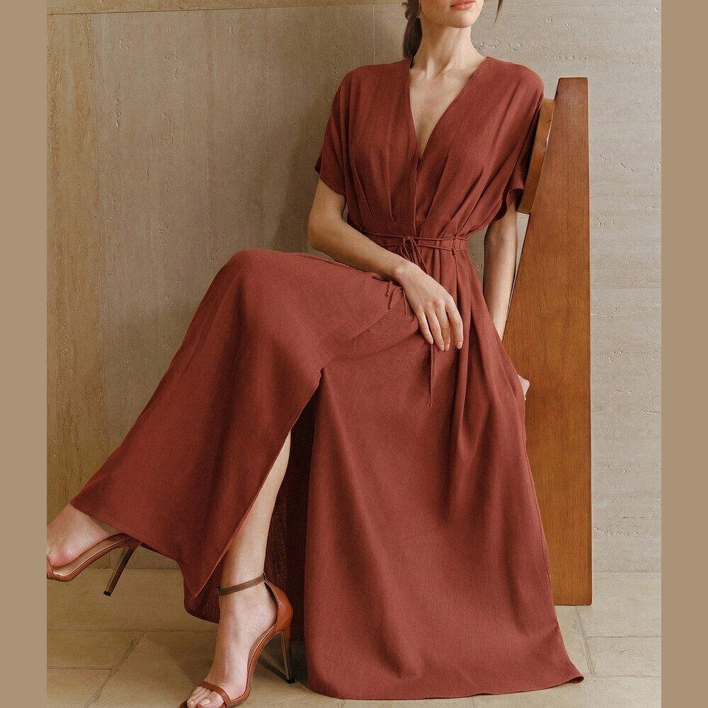 Rust Orange V Neck Kimono Sleeve Tie Waist Maxi Dress